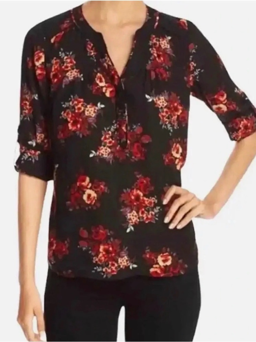 DANIEL RAINN Koda Split-Neck Blouse M 21” p2p Black/Red Floral NWOT